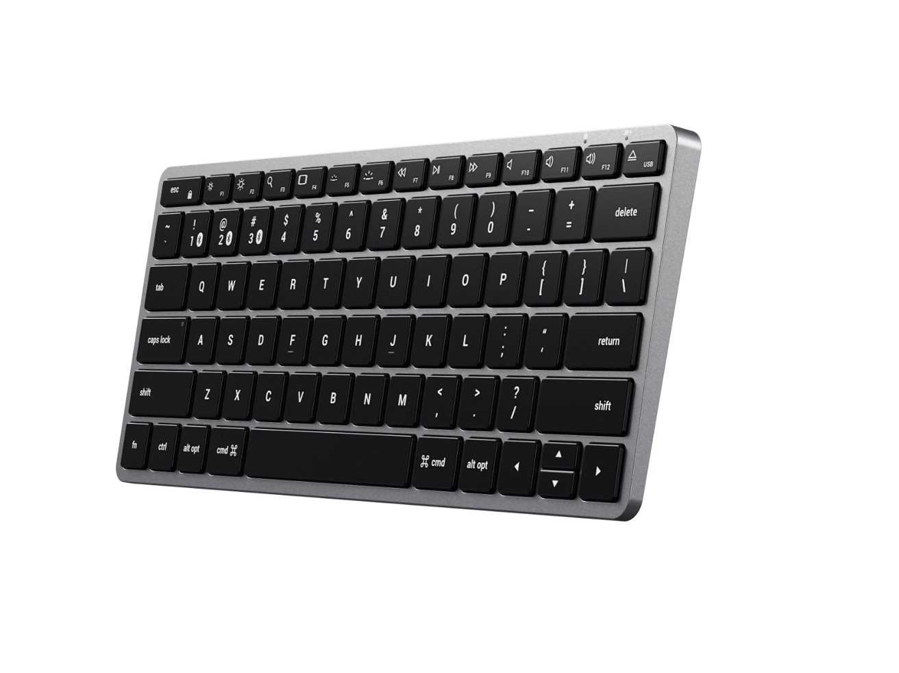 A wireless, compact, black and silver keyboard with modern design isolated on a white background.