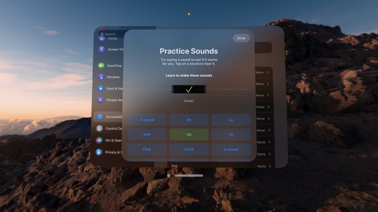 A menu showing the practice screen for Sound Actions. Sounds like cluck and oo are visible.
