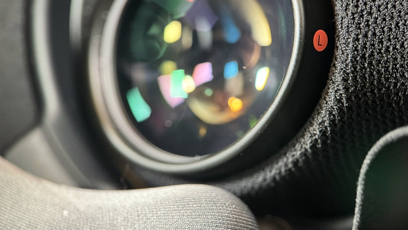 A close up view of the inside of the Apple Vision Pro headset with the left optical insert in view.