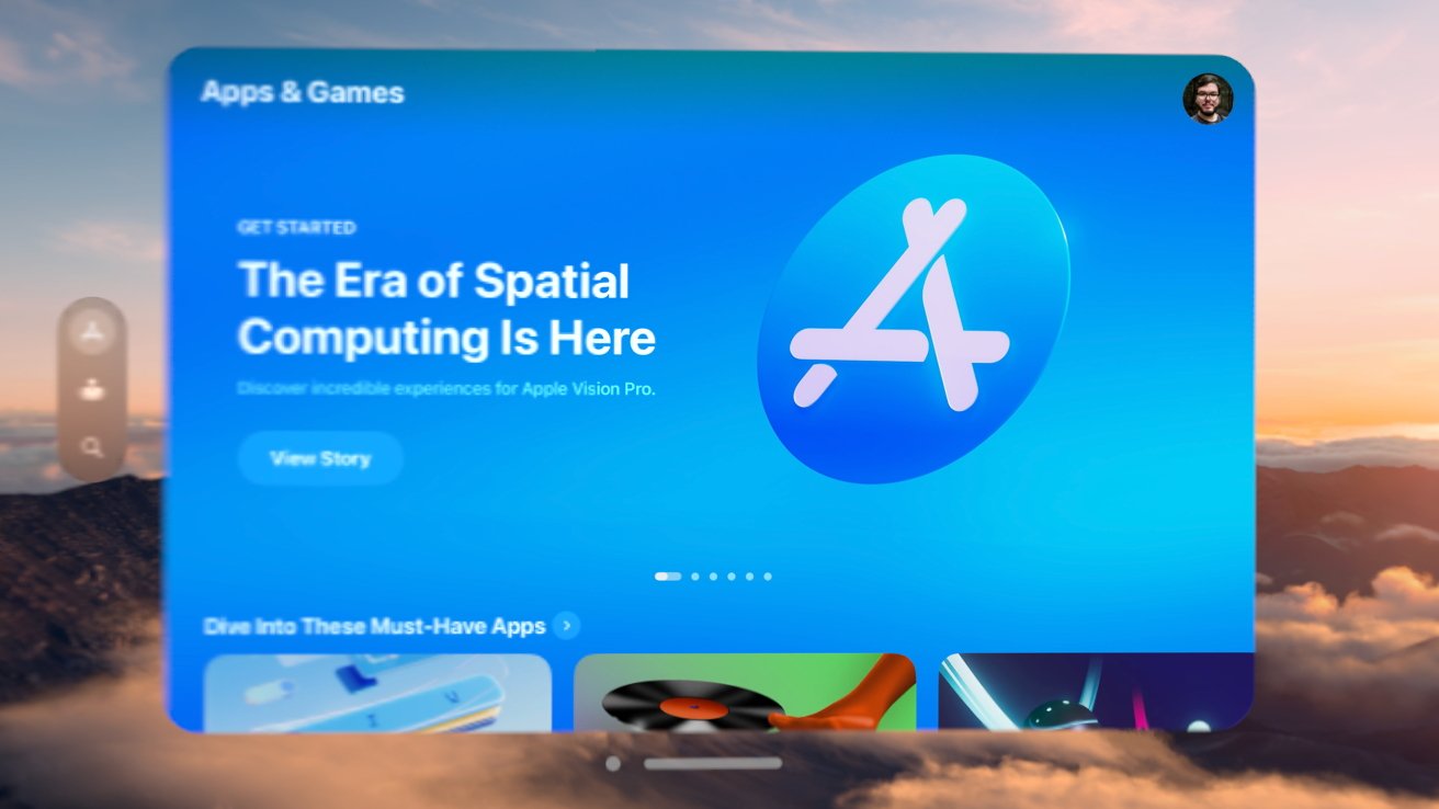 A virtual window showing an App Store story called 'The Era of Spatial Computing Is here.' It floats in an immersive space surrounded by mountains.