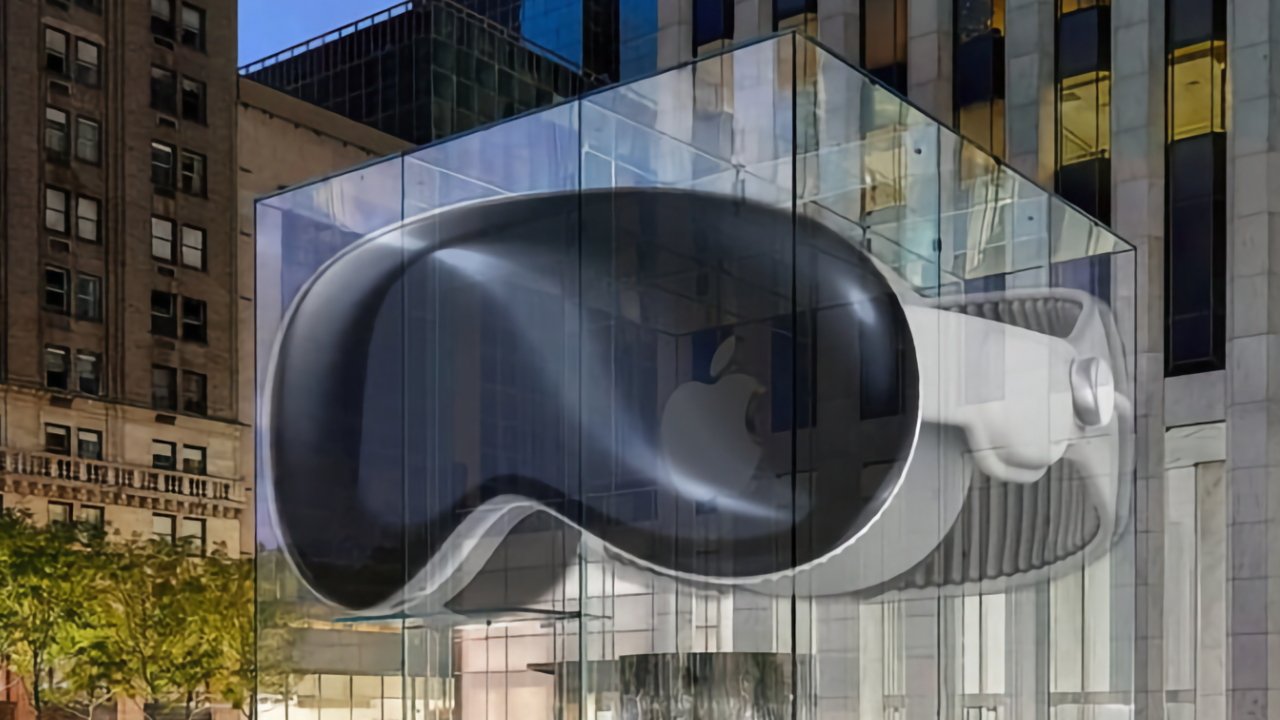 Apple's Fifth Avenue store with a large Apple Vision Pro on display