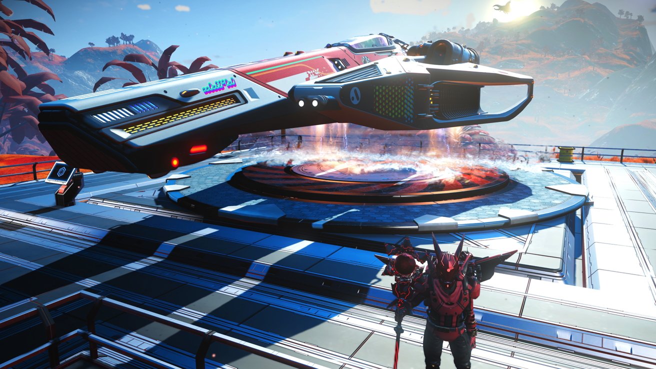 A futuristic spaceship landing on a platform with a character in an advanced suit watching, set against an alien landscape with red foliage.
