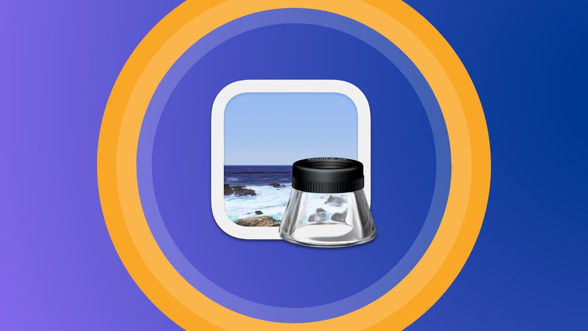 macOS Preview icon set against a gradient blue background with an orange and yellow concentric circle design.