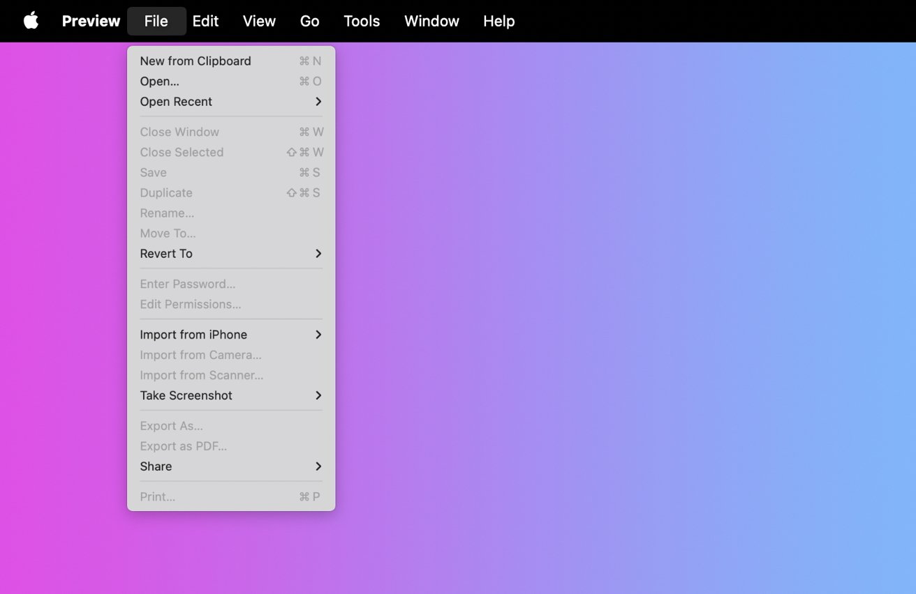 Screenshot del menu dell'app Anteprima del PC con le opzioni dei file su uno sfondo sfumato viola.