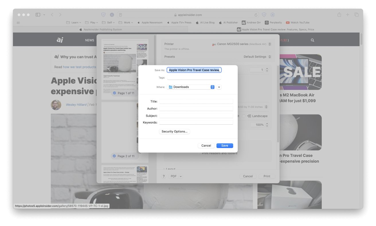 Lo schermo di un computer che mostra una pagina web sui prodotti Apple e una finestra di dialogo di stampa per salvare un file.