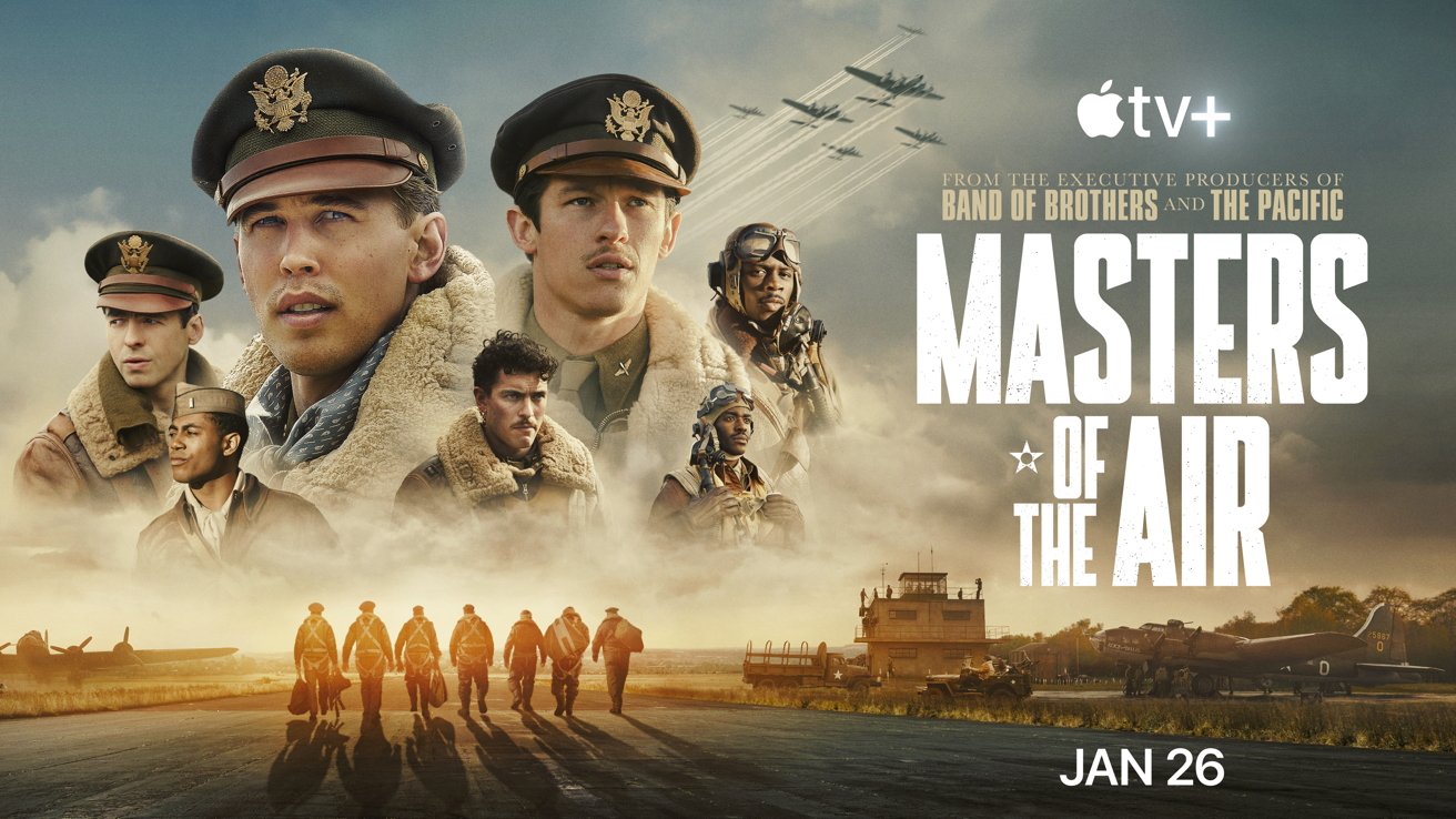 The poster for 'Masters of the Air' showing pilots in front of war planes flying over an airfield