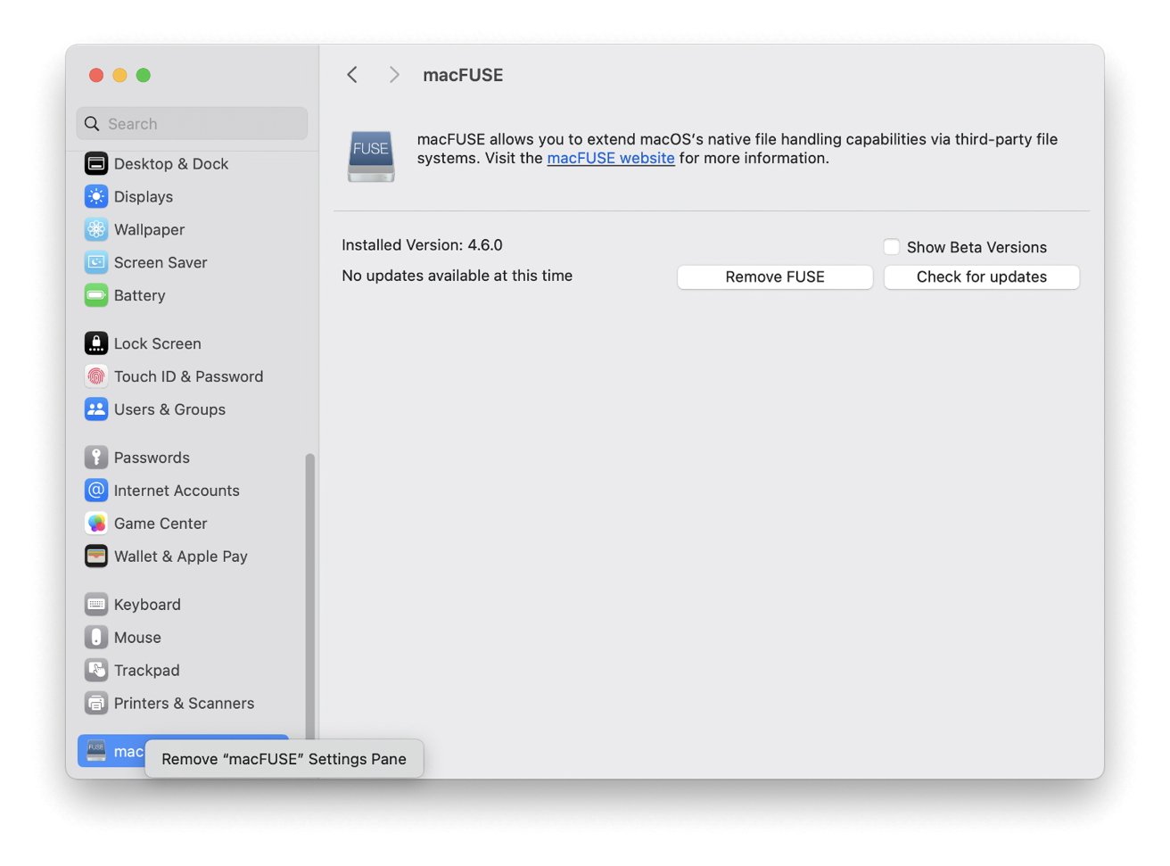Screenshot of a macOS settings pane showing macFUSE software with version number and update options.