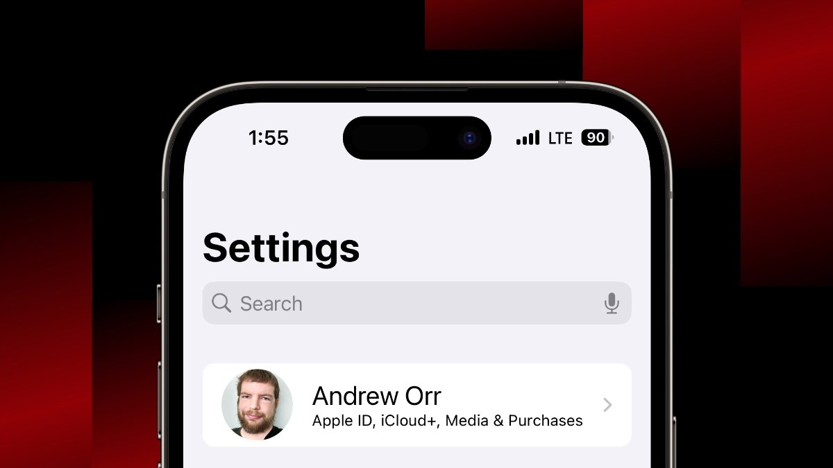 A smartphone screen showing a 'Settings' menu with an account profile named Andrew Orr and options for Apple ID and iCloud.