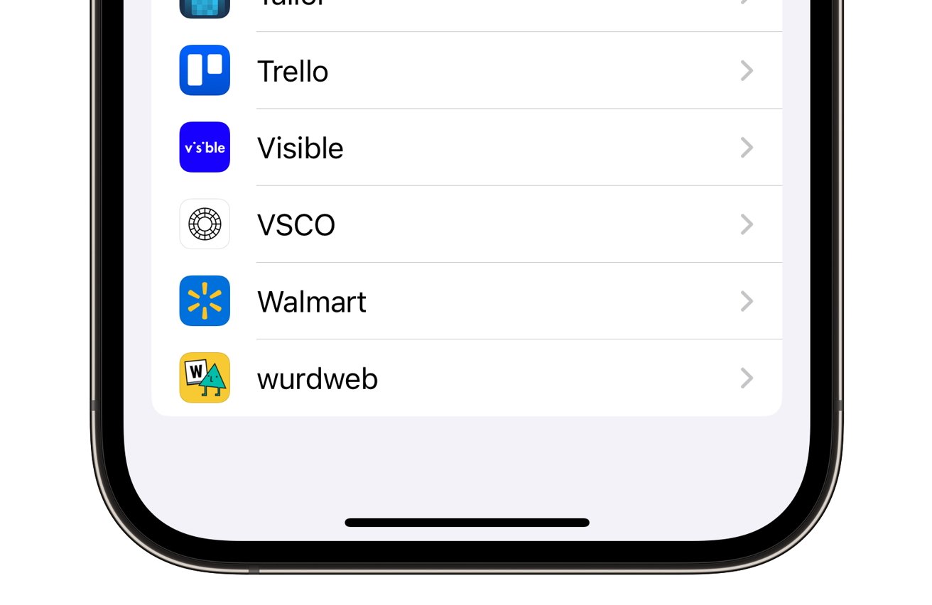 Smartphone screen displaying a list of applications including Trello, Visible, VSCO, Walmart, and wurdweb.