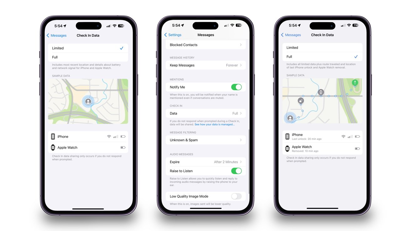 Three smartphones displaying settings for location sharing, message filtering, and find my device features.