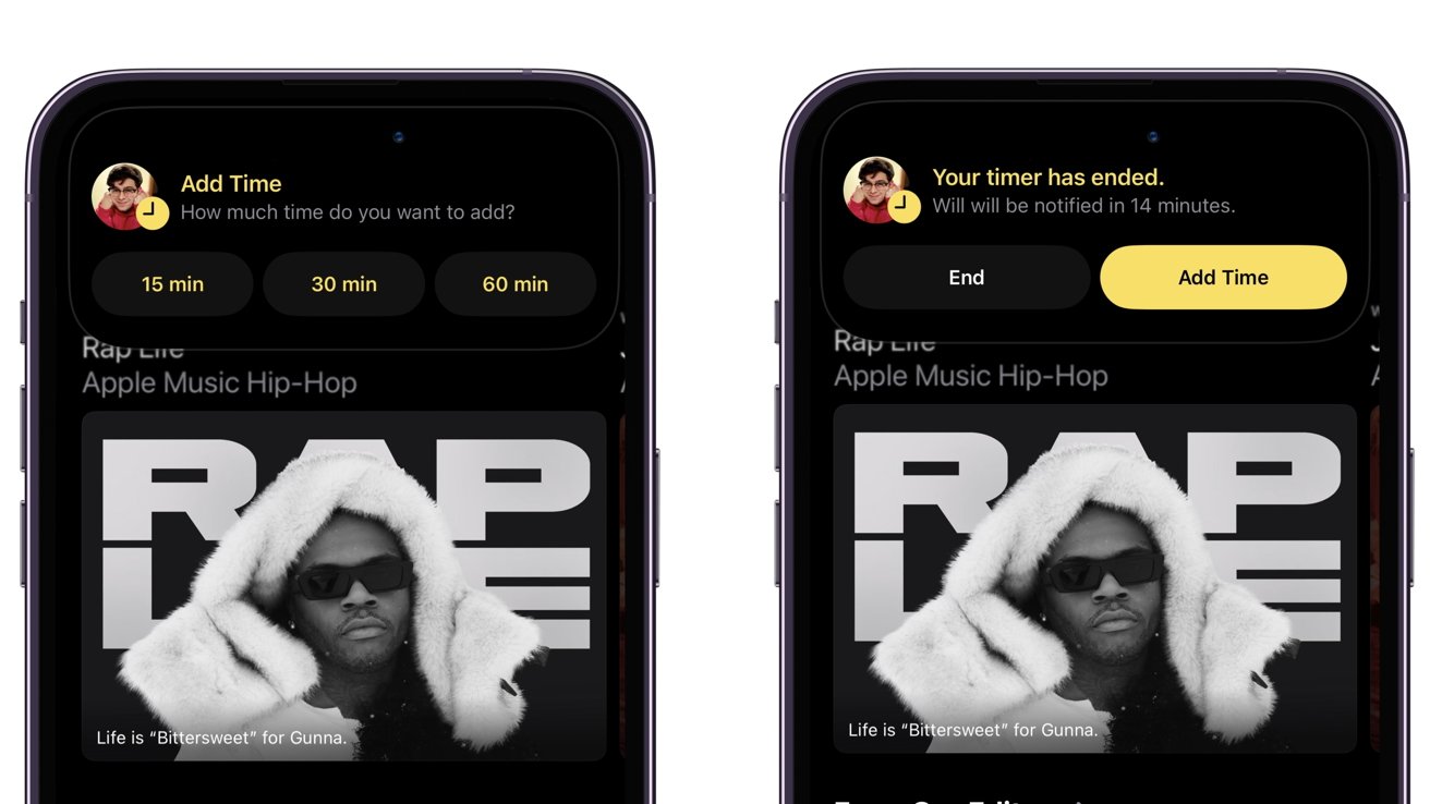 Two smartphones showing a music app with a man in a fur coat; one screen offers to add time to a playlist, the other indicates the timer has ended.