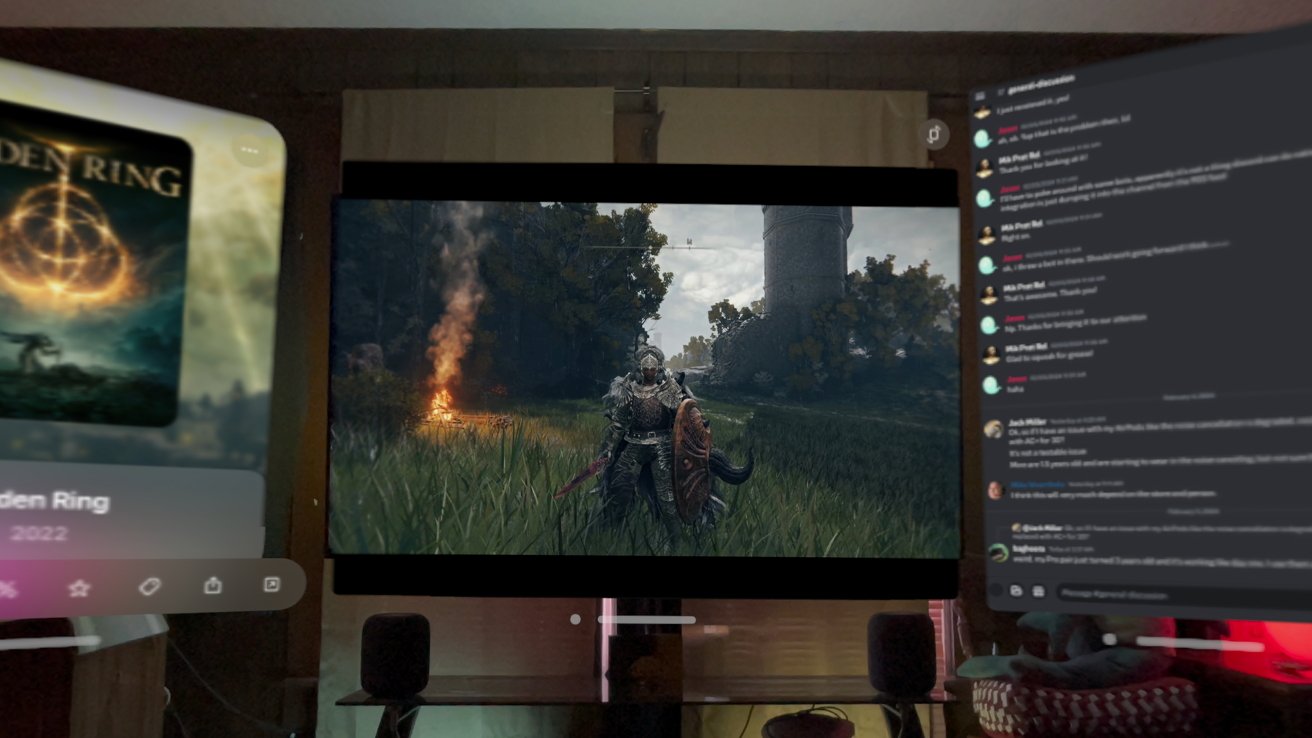 The game 'Elden Ring' shown on a virtual display in a living room with Discord and a game tracker in view