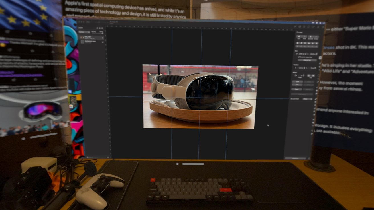 A virtual Mac window shows Pixelmator Pro editing an image of Apple Vision Pro