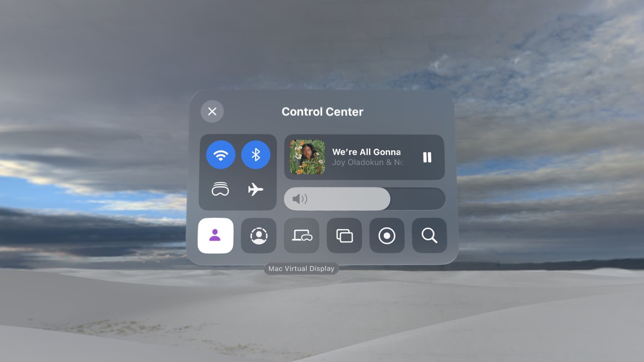 Apple Vision Pro Control Center is shown with icons that control Wi-Fi, Bluetooth, Mac mirroring, and other functions.