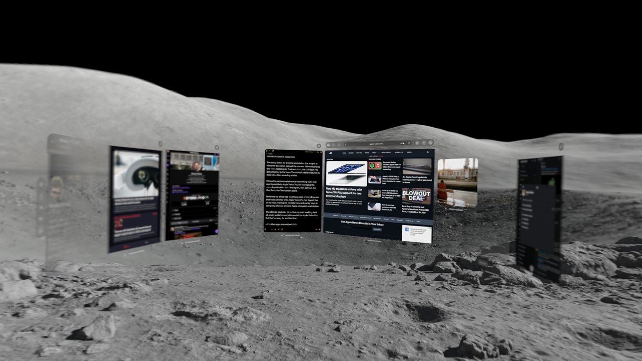 Multiple app windows hover in the immersive moon environment. Apps like Safari, Slack, and Drafts are visible.