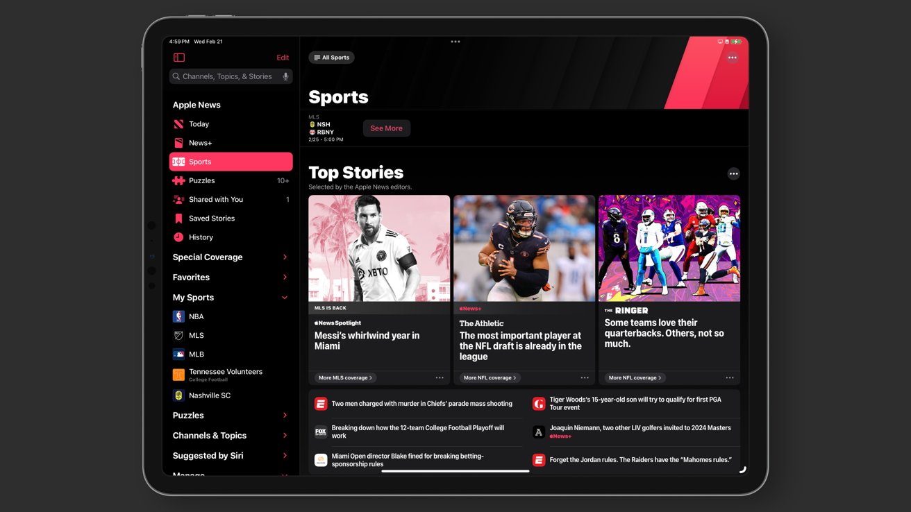 An iPad screenshot of the Apple News app Sports tab with articles about upcoming games.
