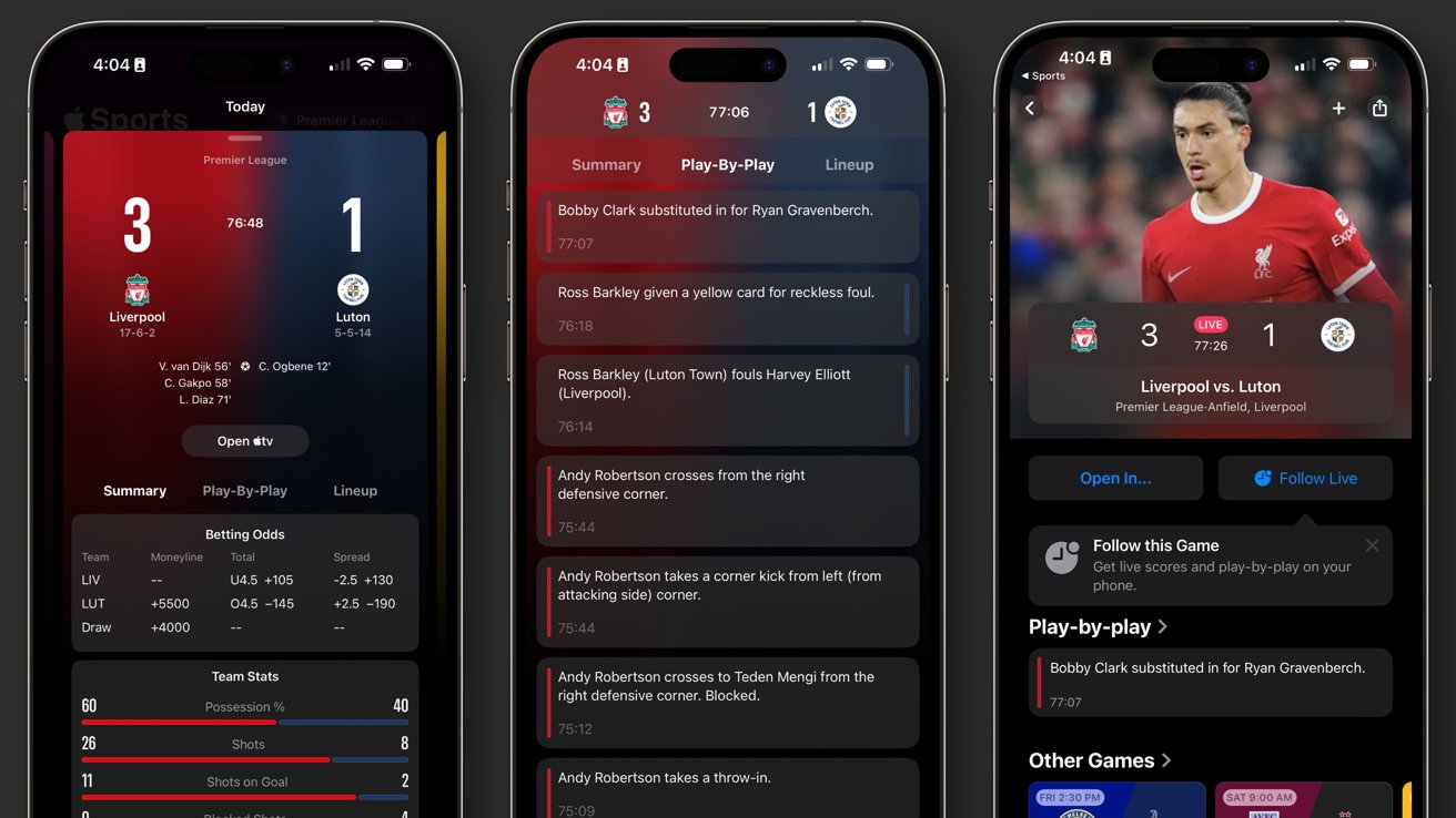 A series of three screenshots showing a Liverpool vs Luton match, score 3 to 1, a play-by-play list of recent actions, and the Apple TV view of the game