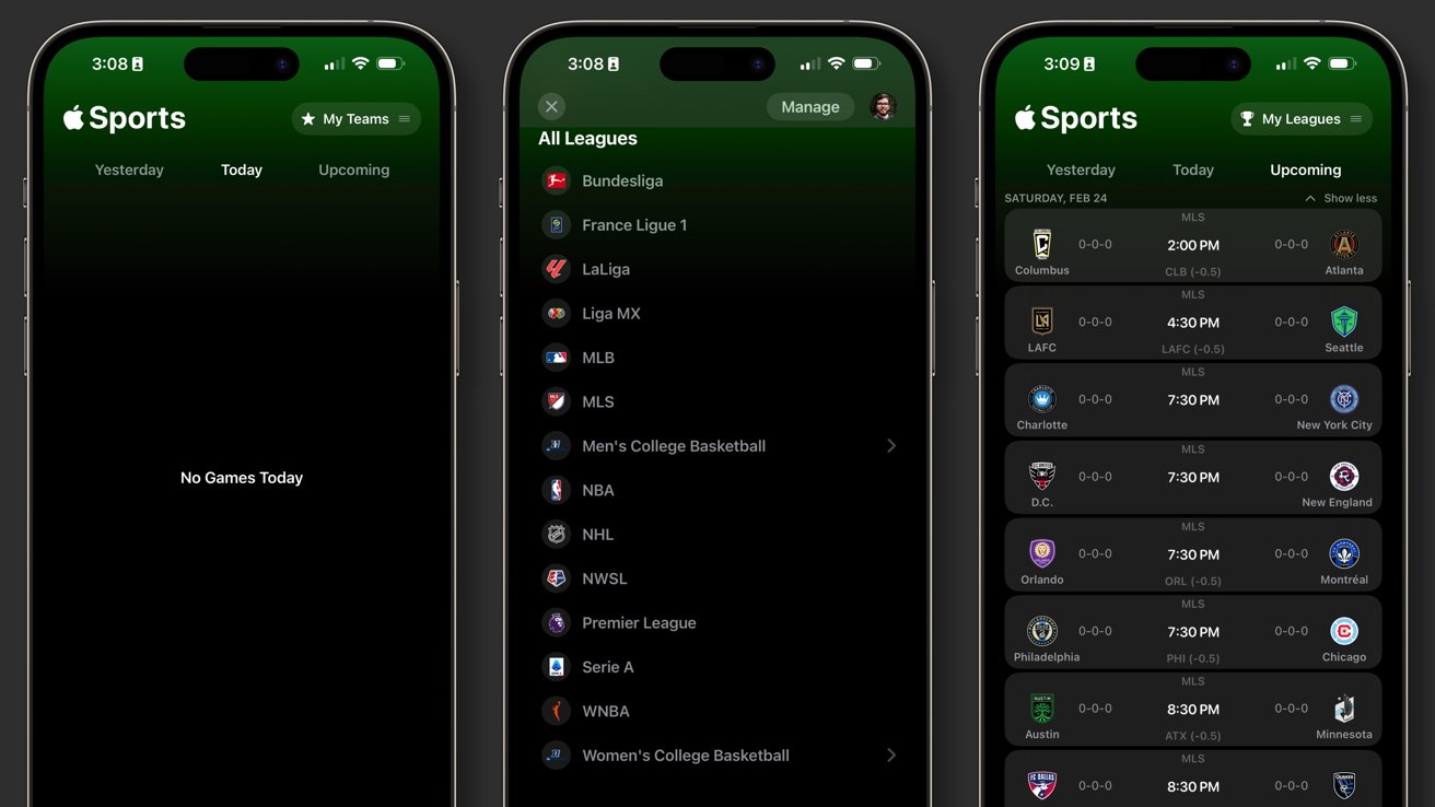A series of three screenshots showing an empty 'Today' view in Apple Sports, a list of leagues that can be followed, and a list of upcoming matches.