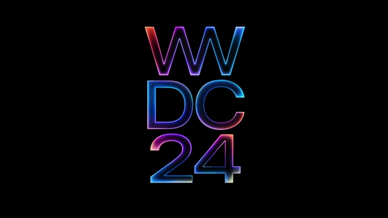 Neon-lit letters 'WWDC 24' with a gradient of pink, blue, and purple against a black background.