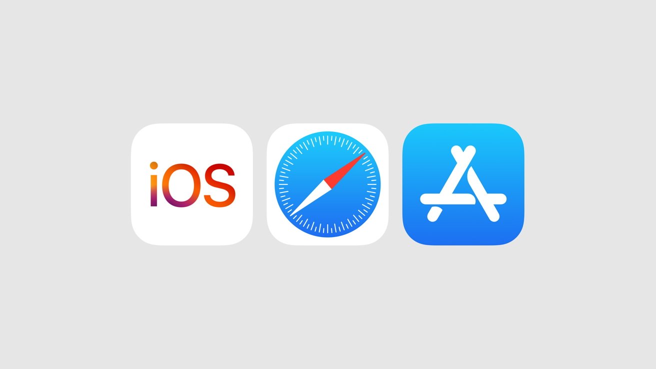 Three icons are visible, one says iOS, one is the Safari app, and one is the App Store