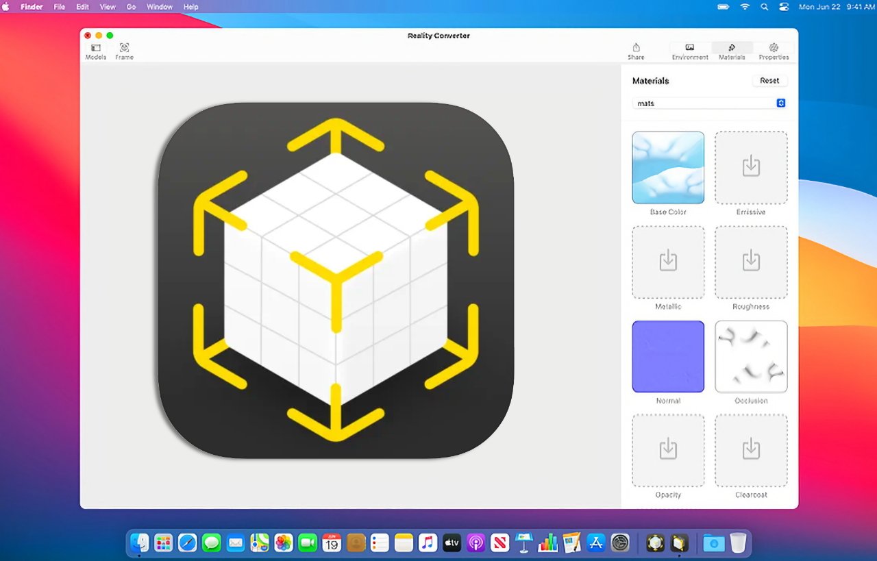 A computer desktop showing an app called Reality Converter with a 3D cube and material editing options.