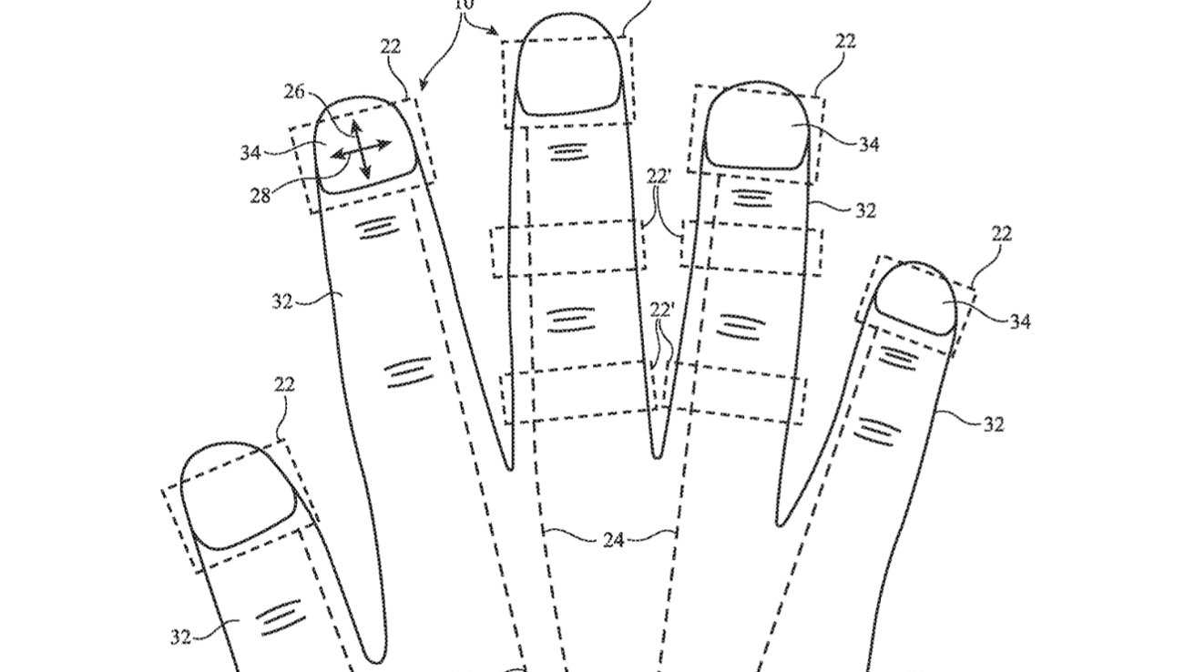 Detail from the patent showing a hand with multiple sensors on the fingers.
