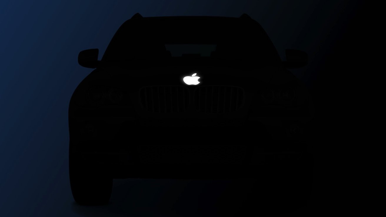 Front view of a car in silhouette with a glowing Apple logo on the grille against a dark background.