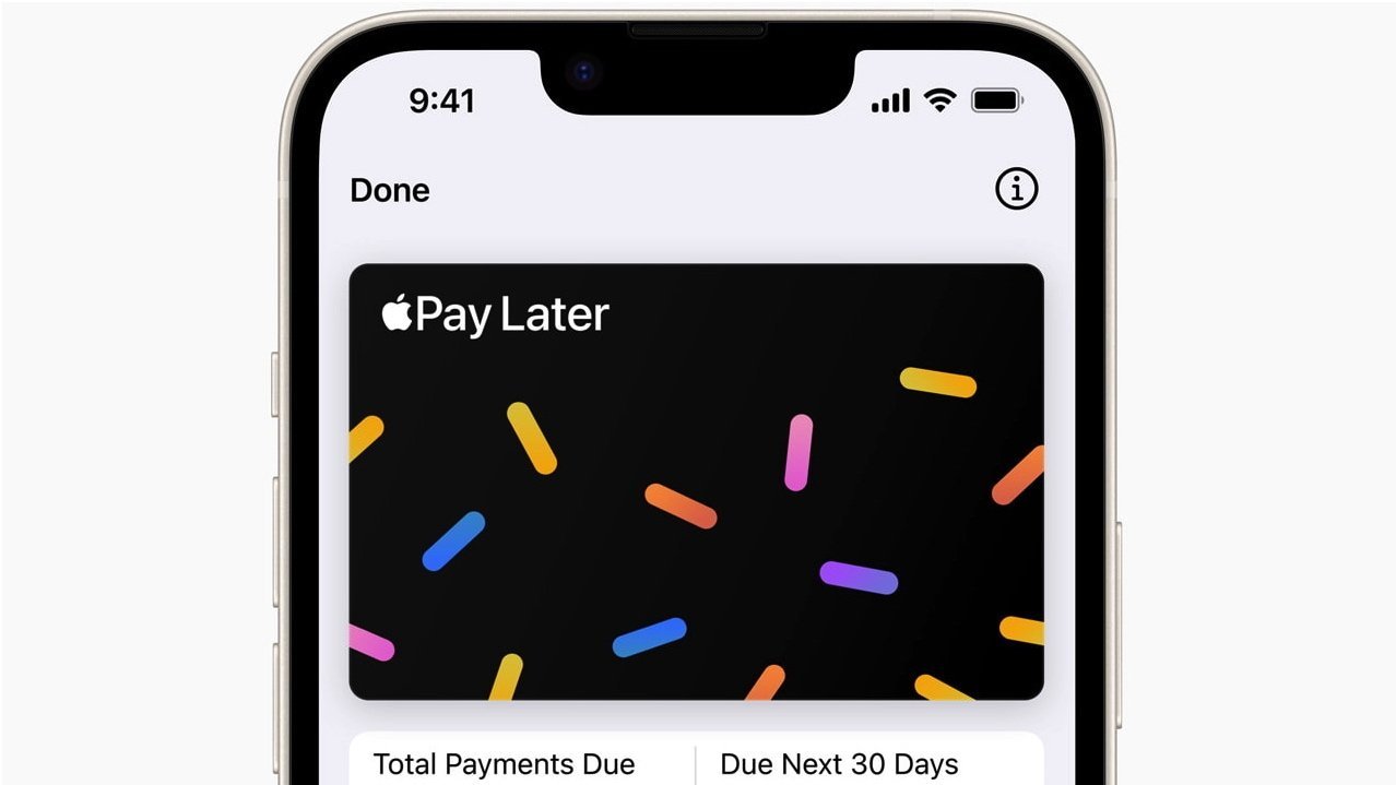 Smartphone screen showing 'Pay Later' service with colorful shapes and payment due details.
