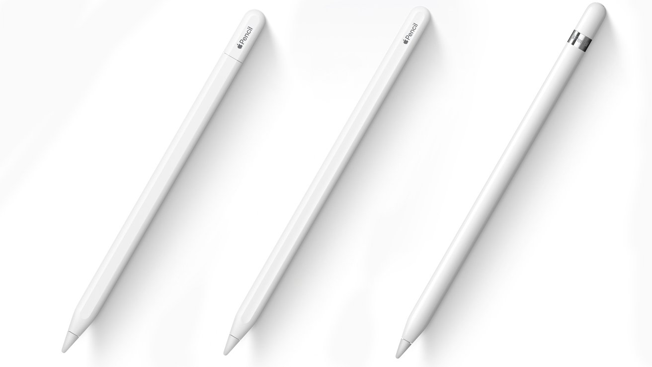 Apple Pencil, Apple Pencil 2, and Apple Pencil with USB-C against a white background
