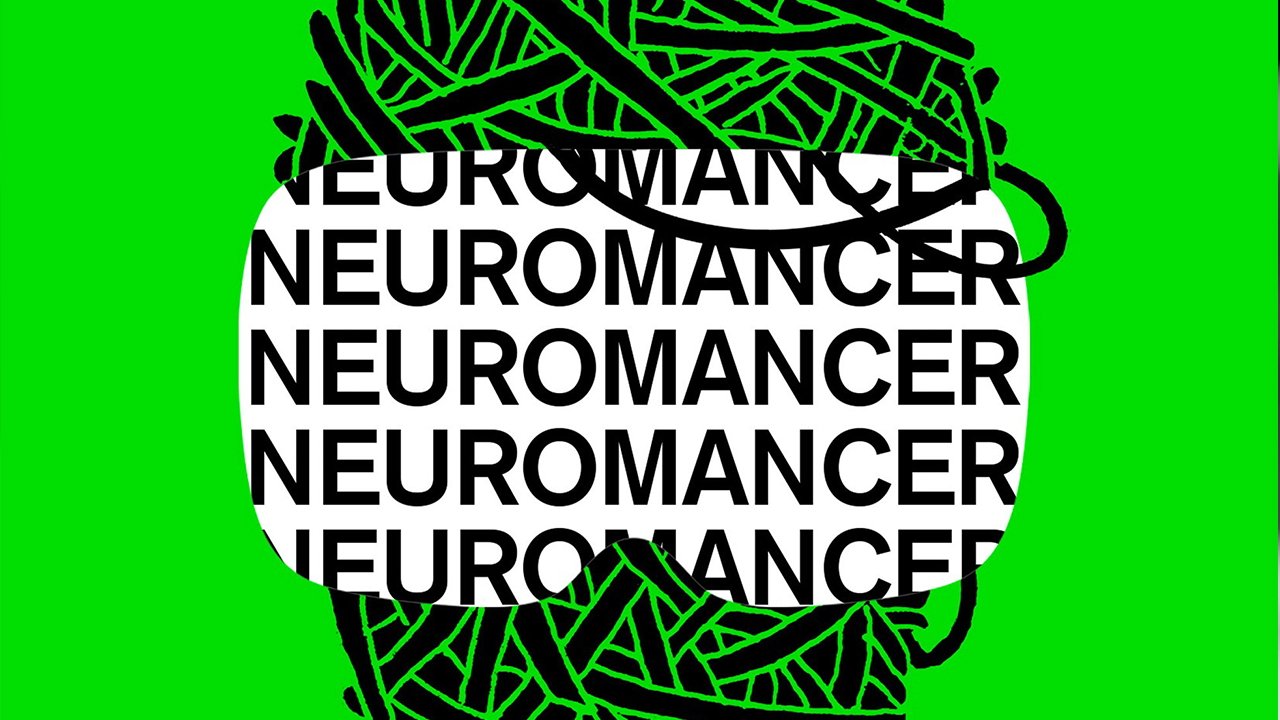 A bright green background with the word 'NEUROMANCER' repeated four times in large black letters, overlaid on what appears to be rough black lines.