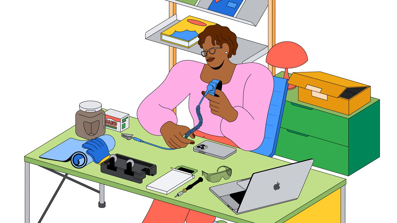 An illustration of a person repairing an iPhone with various tools around and a MacBook on the table