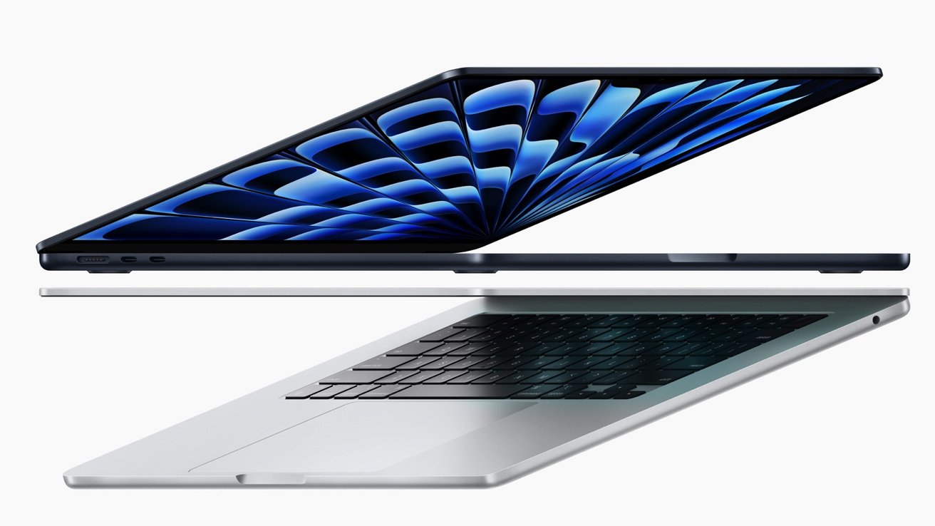 Side views of MacBook Air showing ports, keyboard, and screen with an abstract blue design.