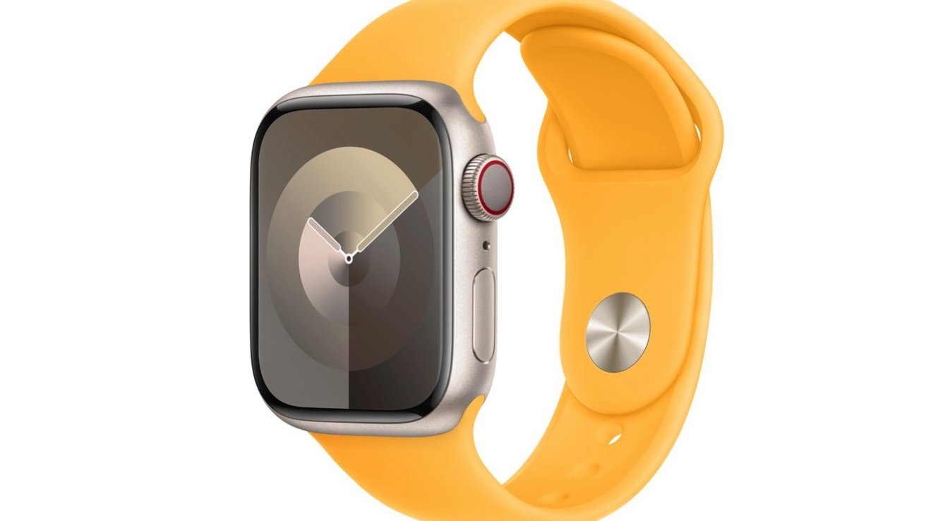 Apple Watch with a yellow band and a digital clock face displaying the time.