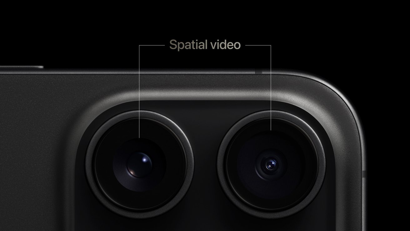 An iPhone turned on its side showing the Main Camera and Ultra Wide Camera as the spatial video recorders