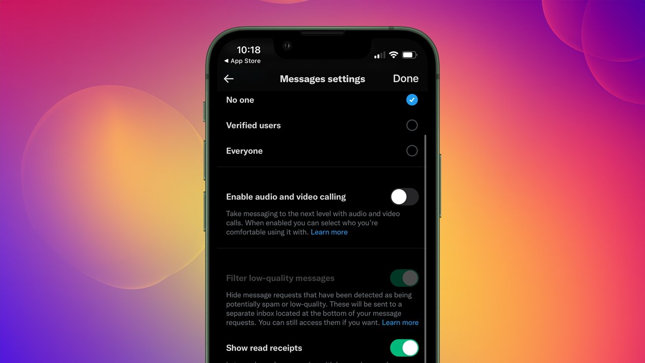 Smartphone displaying Twitter/X settings with options for enabling calls, filtering messages, and showing read receipts against a colorful background.