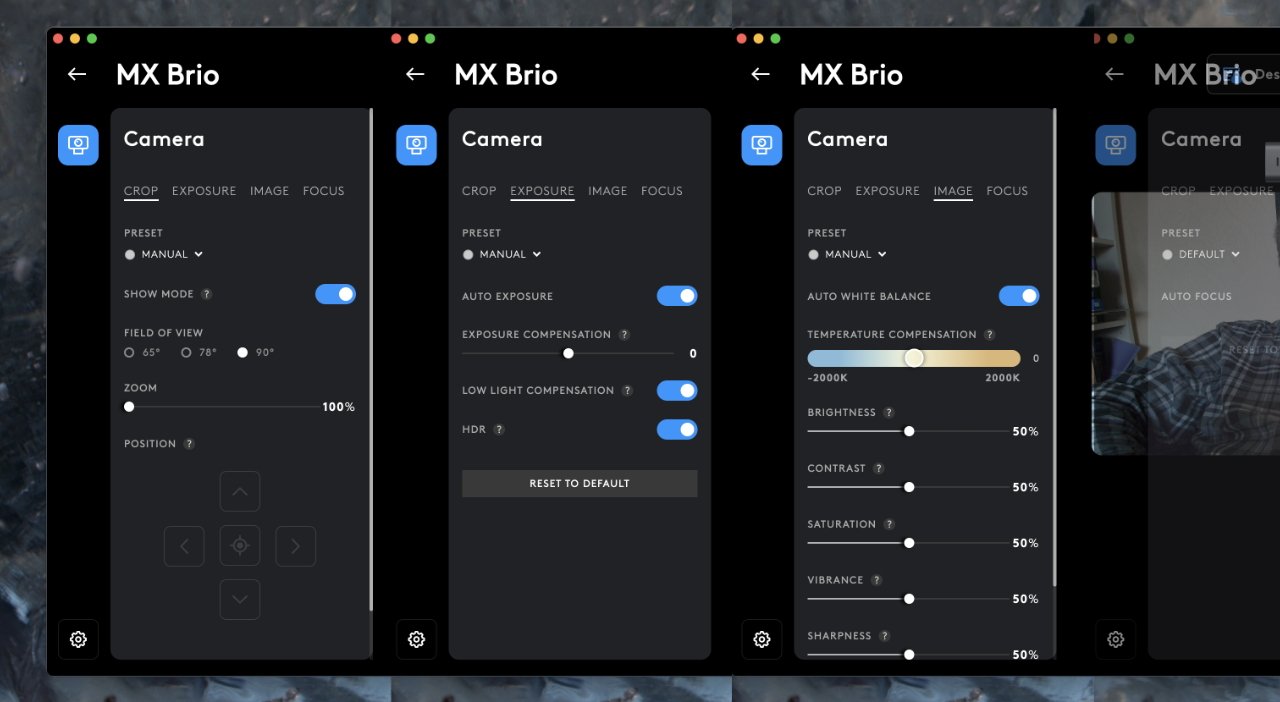 Four screenshots of webcam settings for MX Brio, showing tabs for camera adjustments like exposure, focus, and image quality.