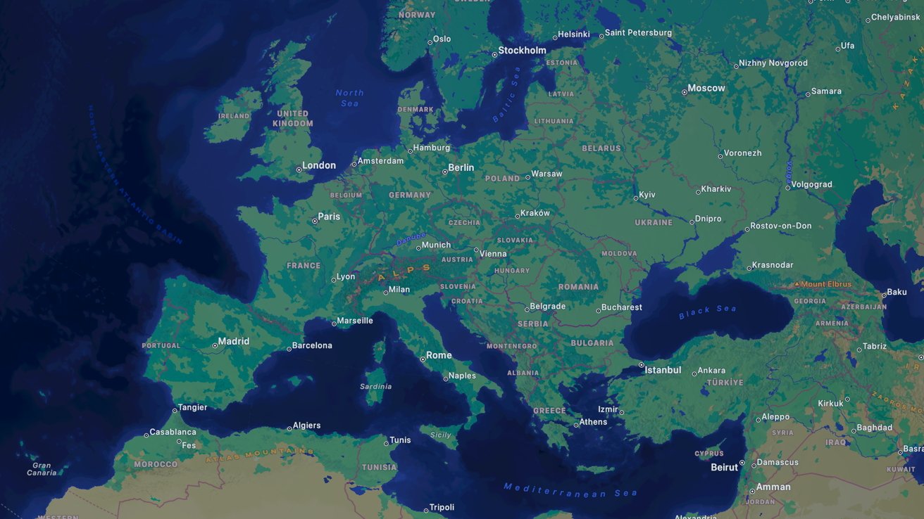 A screenshot of Apple Maps showing Europe