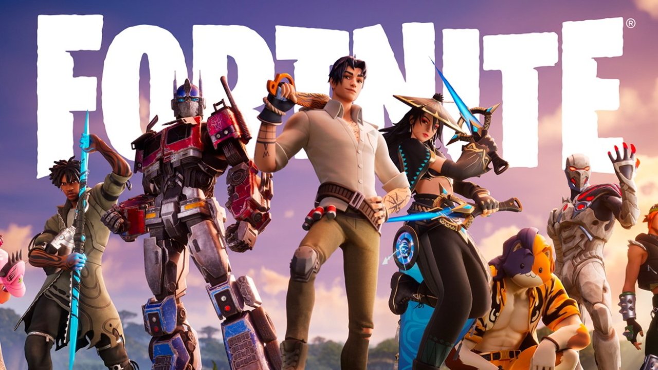 Promotional graphic for Fortnite featuring diverse stylized characters, including a robot and anthropomorphic tiger, set against a purple sky with the game's logo overhead.