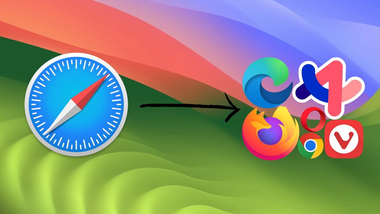 The Safari logo with an arrow pointing to other browser logos, all on top of the macOS Sonoma background.