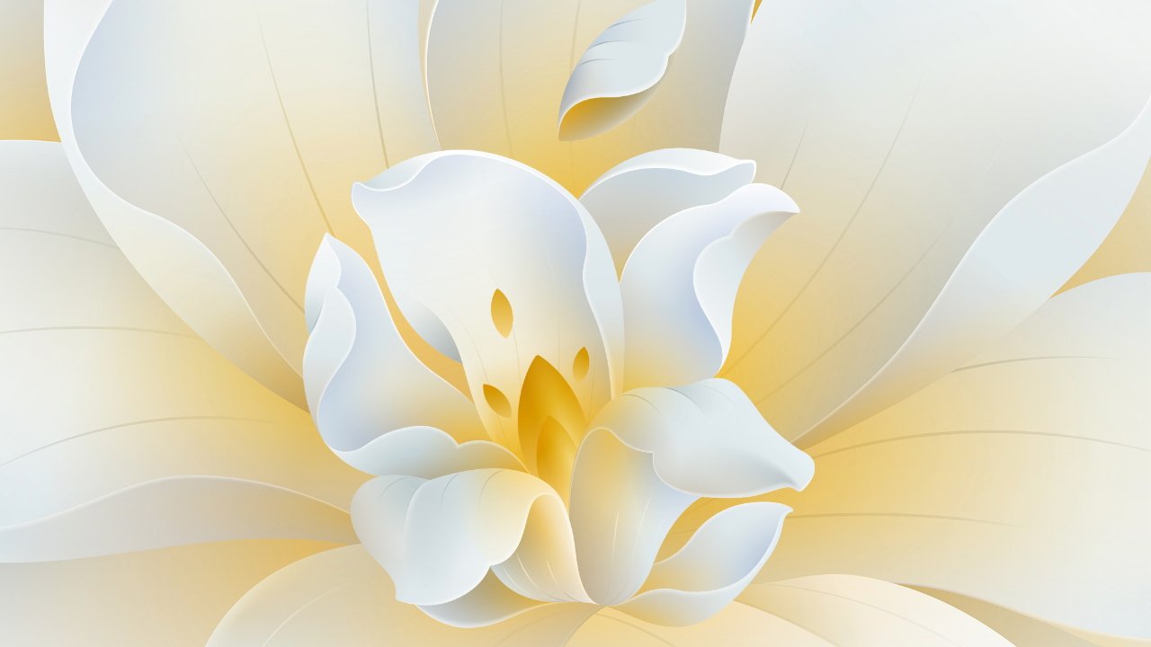 A stylized digital illustration of a white and yellow flower with soft shadows and a creamy gradient background.