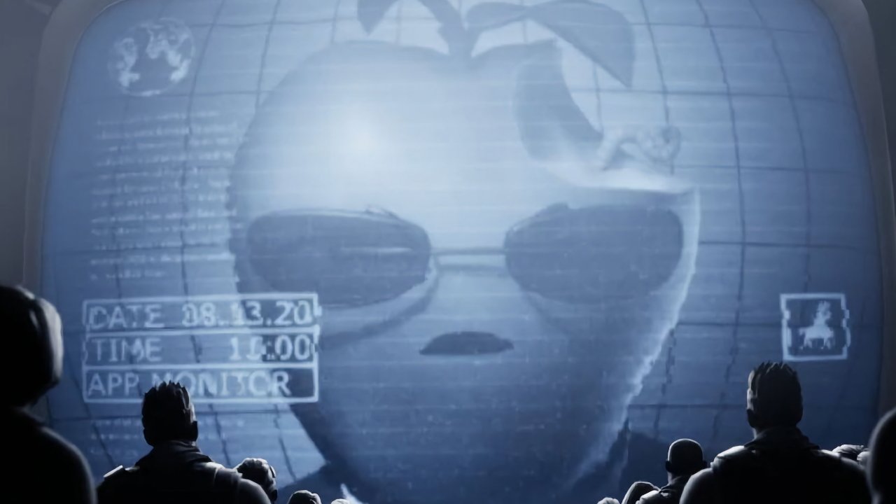 Audience viewing a large screen displaying a silhouette of a figure with sunglasses, with text overlays indicating date and time.