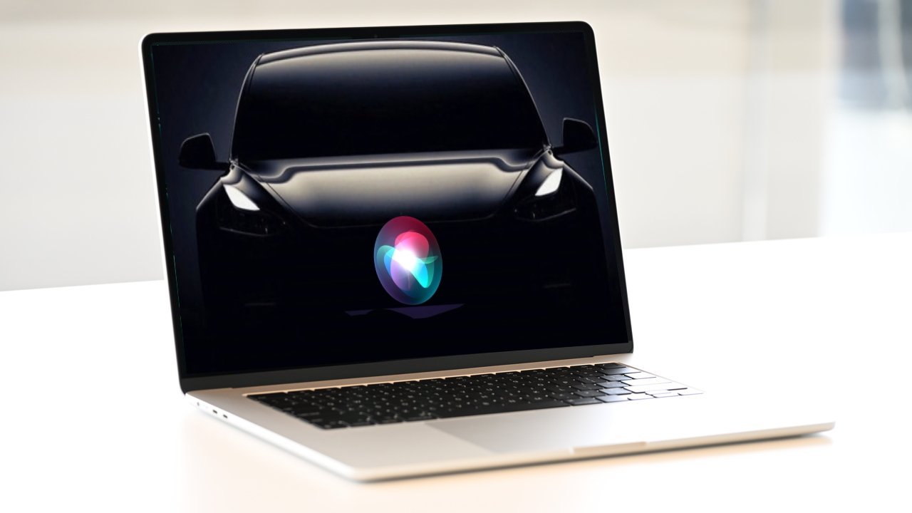 A MacBook Air with (inset on screen) a mockup Apple Car