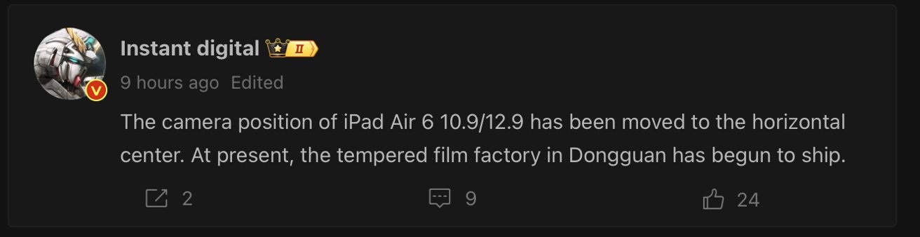 Screenshot showing a social media post by 'Instant digital' mentioning the new camera position of iPad Air and shipping details from Dongguan factory.