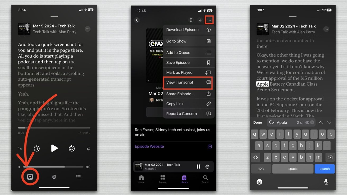 Three screenshots showing a podcast interface with playback controls, episode options, and a search function highlighting an Apple-related topic.