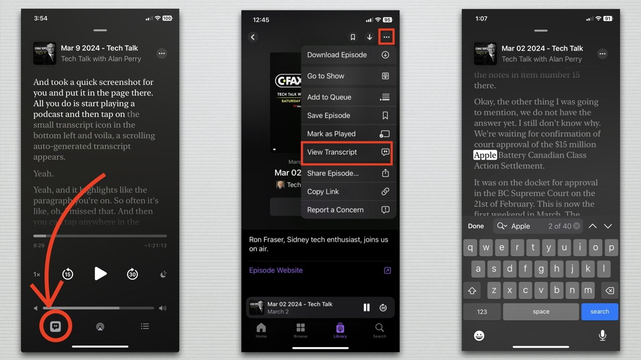 Три знімки екрана, на яких показано інтерфейс подкасту з елементами керування відтворенням, параметрами епізоду та функцією пошуку, що висвітлює тему, пов’язану з Apple.