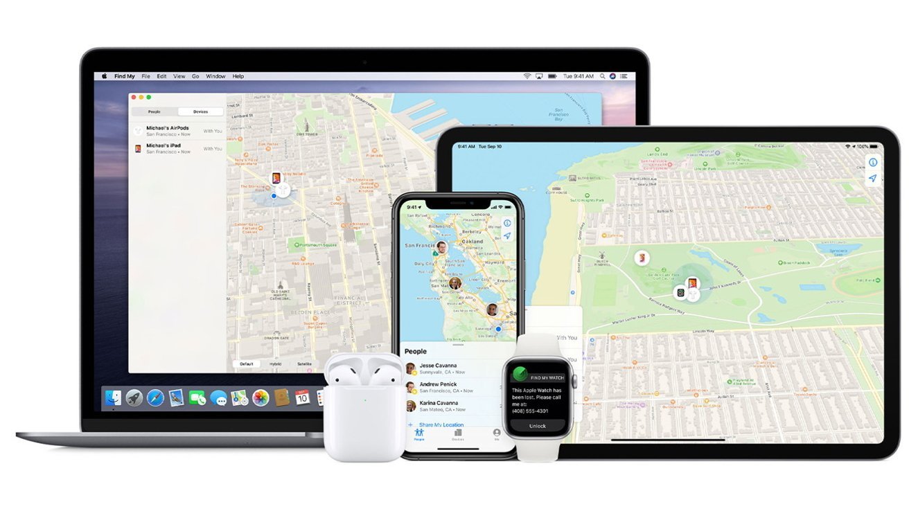 Laptop, smartphone, tablet, and smartwatch displaying a map application with location tracking features and wireless earbuds alongside.