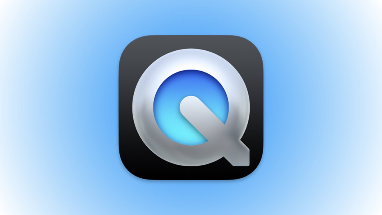 A glossy app icon for QuickTime Player on a blue gradient background.