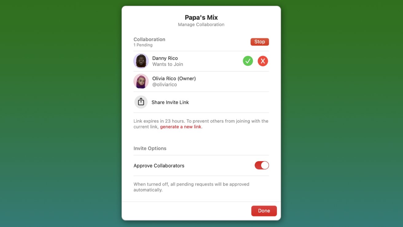 Screenshot of a collaboration management interface for 'Papa's Mix' with options to approve or deny a join request and share an invite link.
