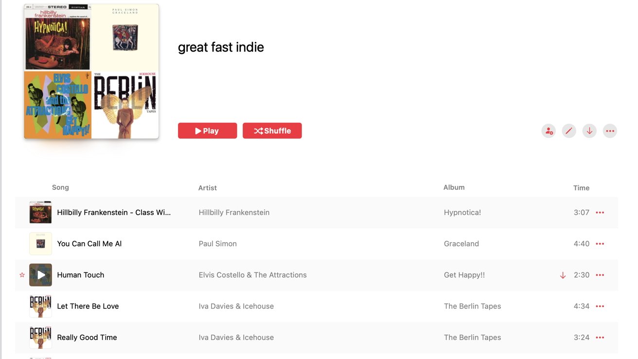 Screenshot of a music streaming platform displaying a playlist titled 'great fast indie' with play controls and a list of songs with corresponding artist names and album titles.