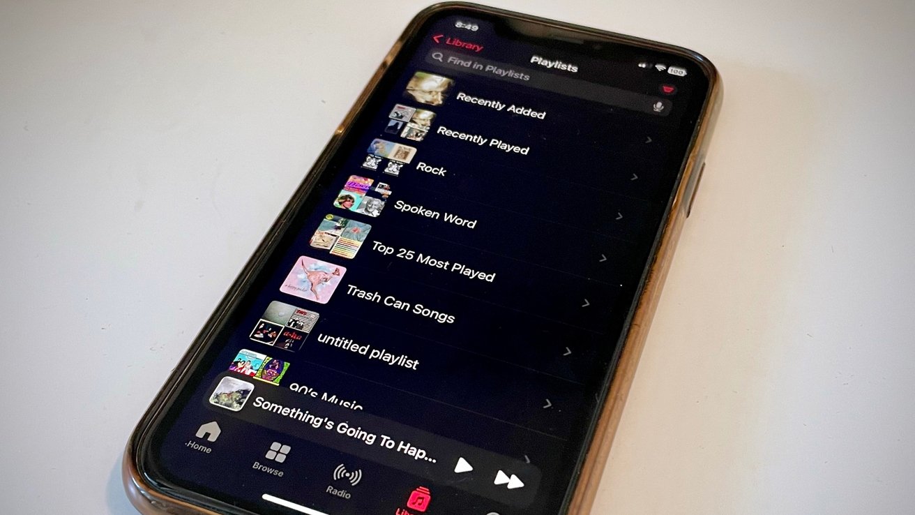 iPhone displaying a music streaming app with a list of playlists such as Recently Added, Rock, and Trash Can Songs.